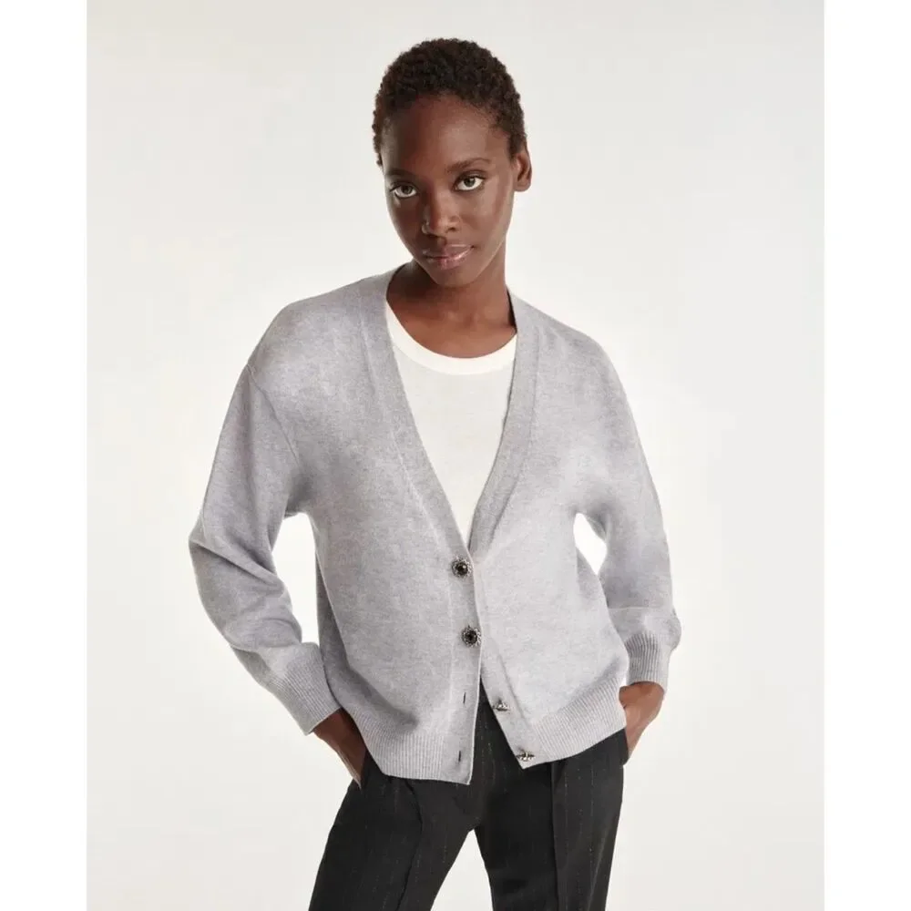 NEW The Kooples V-Neck 100% Wool Cardigan With Jewel Buttons in Gray Sz 2 US 6 - Picture 4 of 15